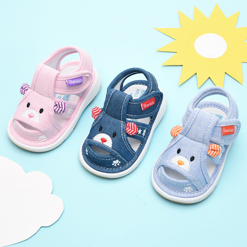 Baby cloth sandals for boys, summer, ages 0-1-2-3 years, infant anti-slip soft sole squeaky shoes, girls' first walker shoes, baby shoes