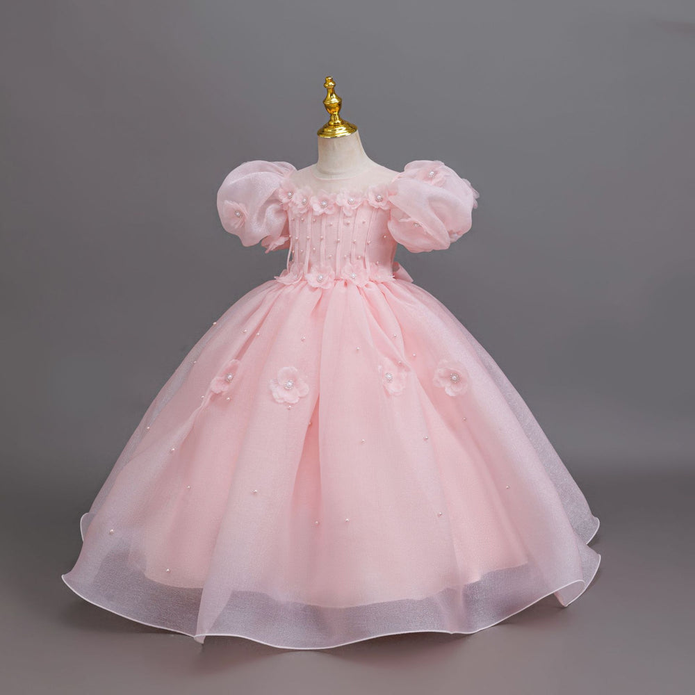 Ready-to-ship children's formal dress: bubble sleeve floral wedding dress, princess party dress for girls