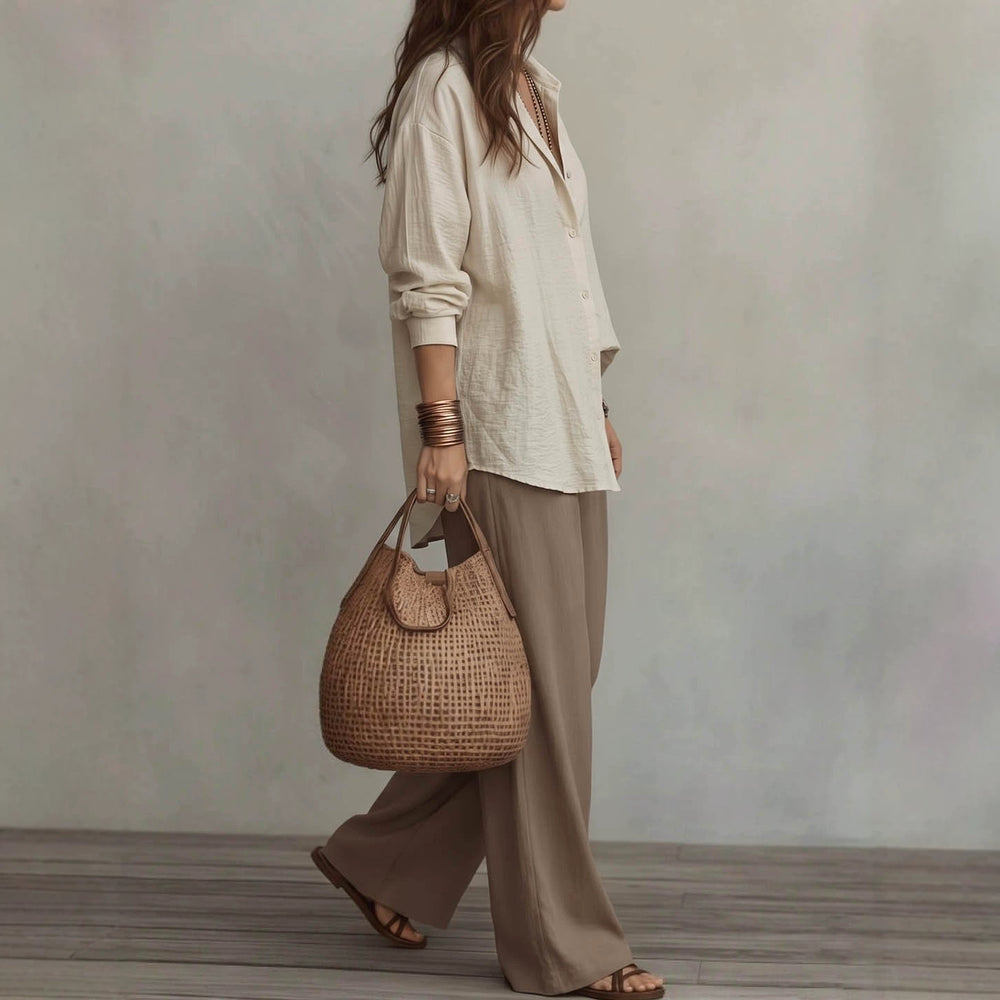 Fashion cross-border plus size cotton and linen shirt suit lapel long sleevesloose shirt high waistloose pantstwo-piece set