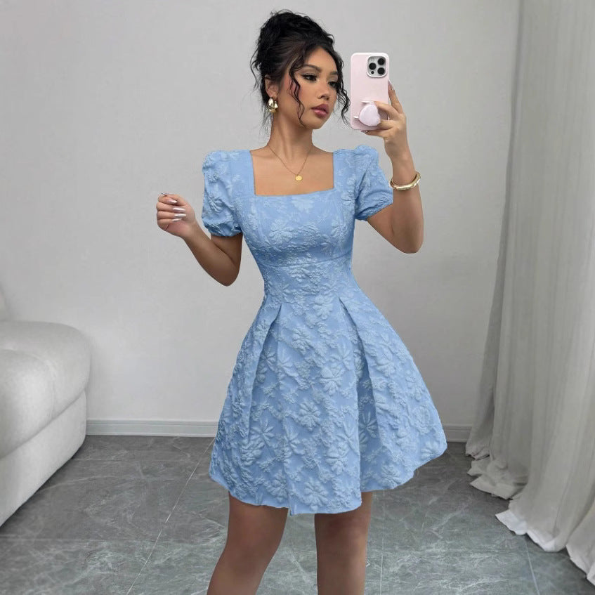 European and american cross-border  summer slim-fit women's elegant jacquard solid color puff sleeve square neck a-line dress