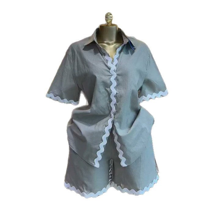 European and american cross-border women's fashion:  summer new collection - trendy color block loose fit short sleeve shirt & high waist shorts casual set
