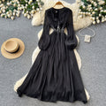 French retro red v-neck lantern sleeve beaded dress - women's slimming, figure-flattering, elegant, and flowy maxi dress