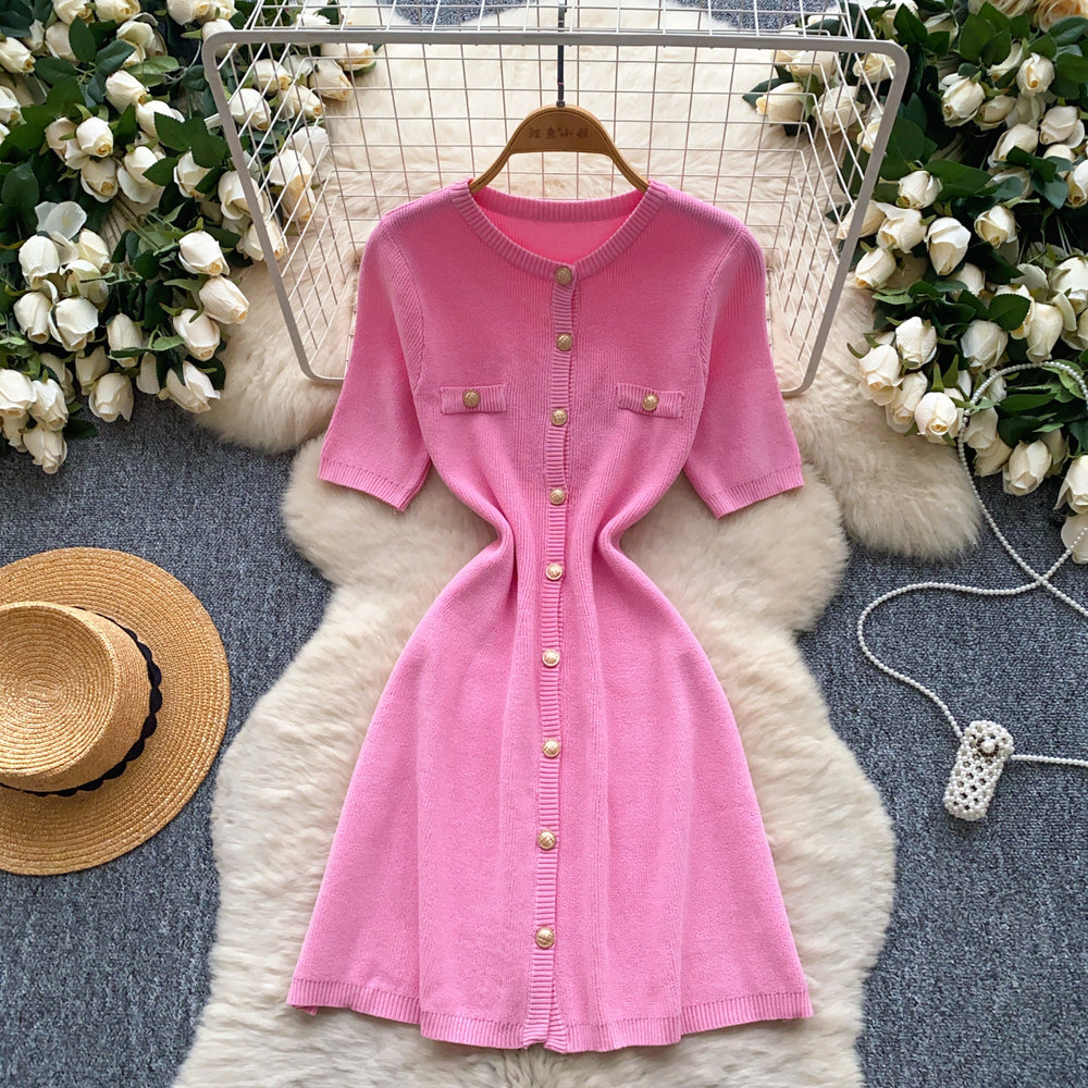 Xiaoxiangfengclassyfashionable metal buckle silm short-sleeved dress women's summer waist slimming lookelegantsweater skirt