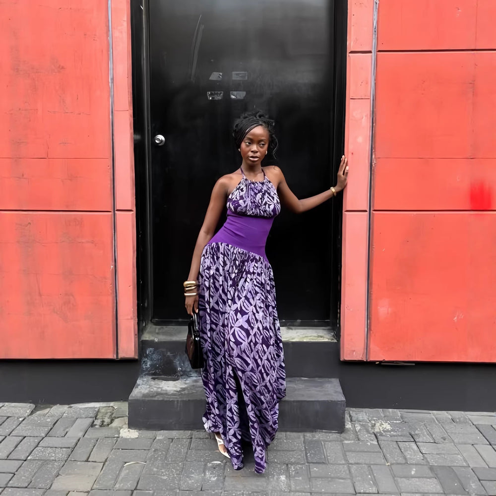 European and american cross-border women's spring  new sleeveless tie-neck halter backless cinched waist ruched maxi dress