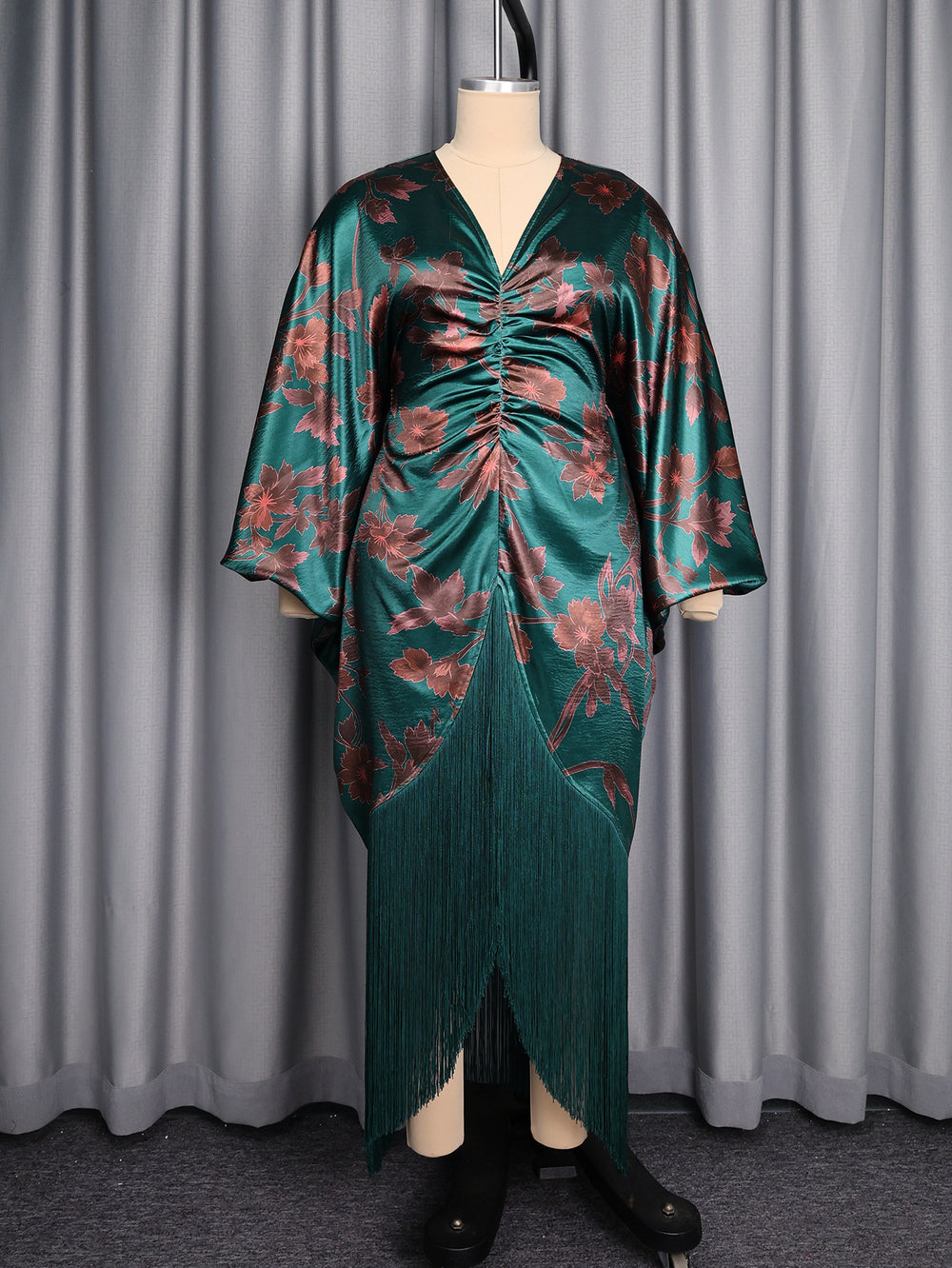 African new print batwing sleeve v-neck dress - printed drawstring waist tassel maxi dress bubudress