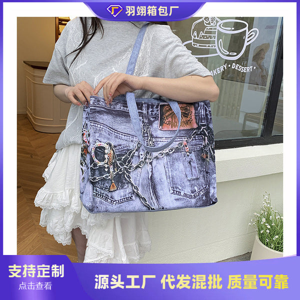 Cross-border leisure printing shopping leisure canvas tote bag big 2025 spring and summer new magnetic buckle shoulder handbag