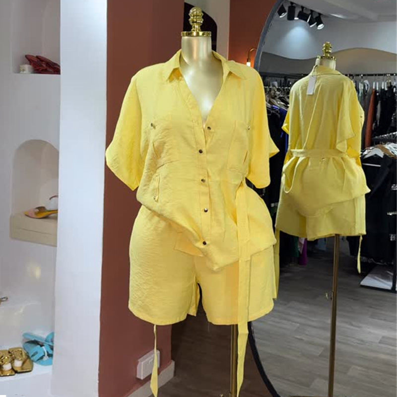 European and american cross-border women's fashion  autumn new arrival: casual turn-down collar loose tie-waist short sleeve shirt and wide-leg shorts set
