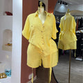 European and american cross-border women's fashion  autumn new arrival: casual turn-down collar loose tie-waist short sleeve shirt and wide-leg shorts set