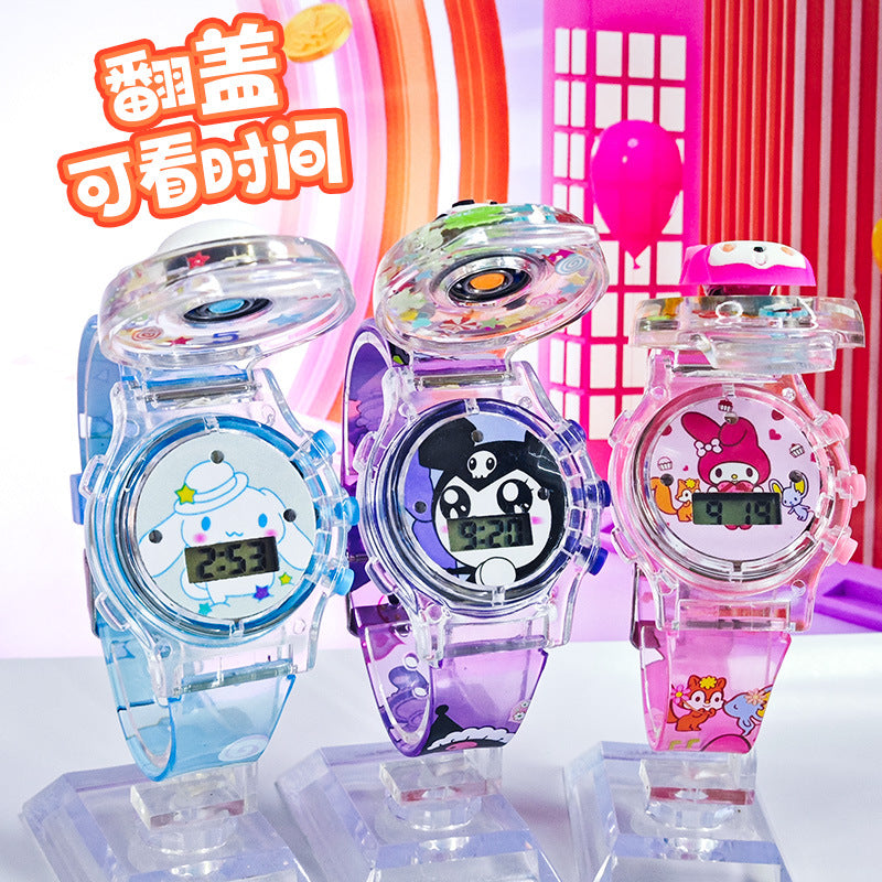 Kids' gift girls' electronic watch - stellalou, kuromi, hello kitty glitter luminous music flip cover rotating watch