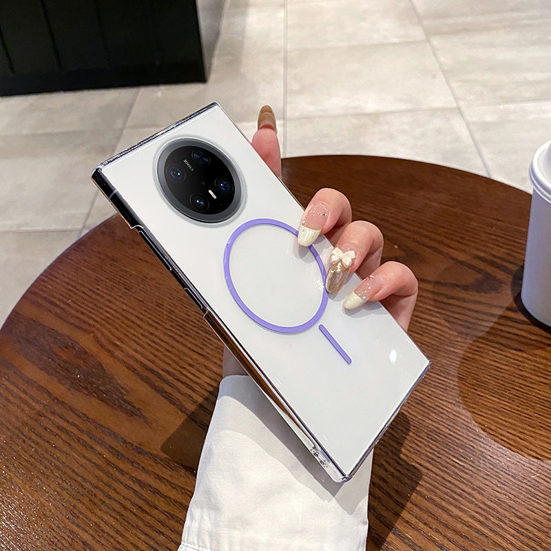 Suitable for huawei mate70pro transparent mobile phone case mate60 thin ring magnetic high transparency trendy anti-fall pc case new