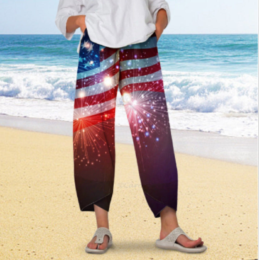 new  wide-leg pants: relaxed fit, cotton linen blend, printed, pocketed, elastic waist, cropped length - women's - in stock