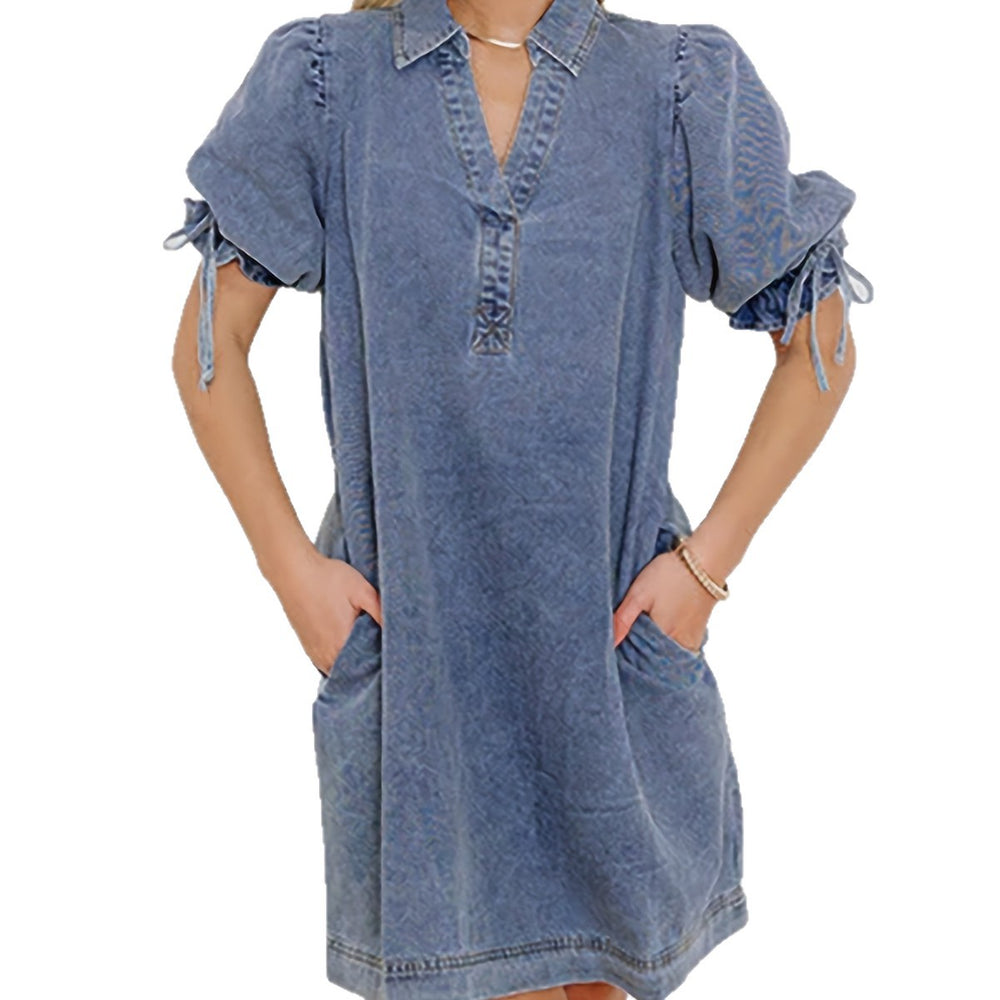 European and american style women's drawstring bubble short sleeve blue denim dress with turn-down collar - washed, non-stretch