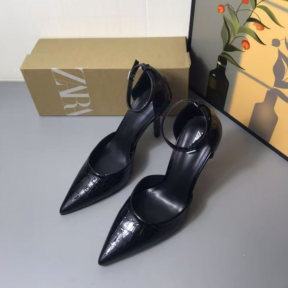 Za 2025 patent leather pointed-toe black high heels - women's stiletto heel cutout thong sandals - versatile professional style