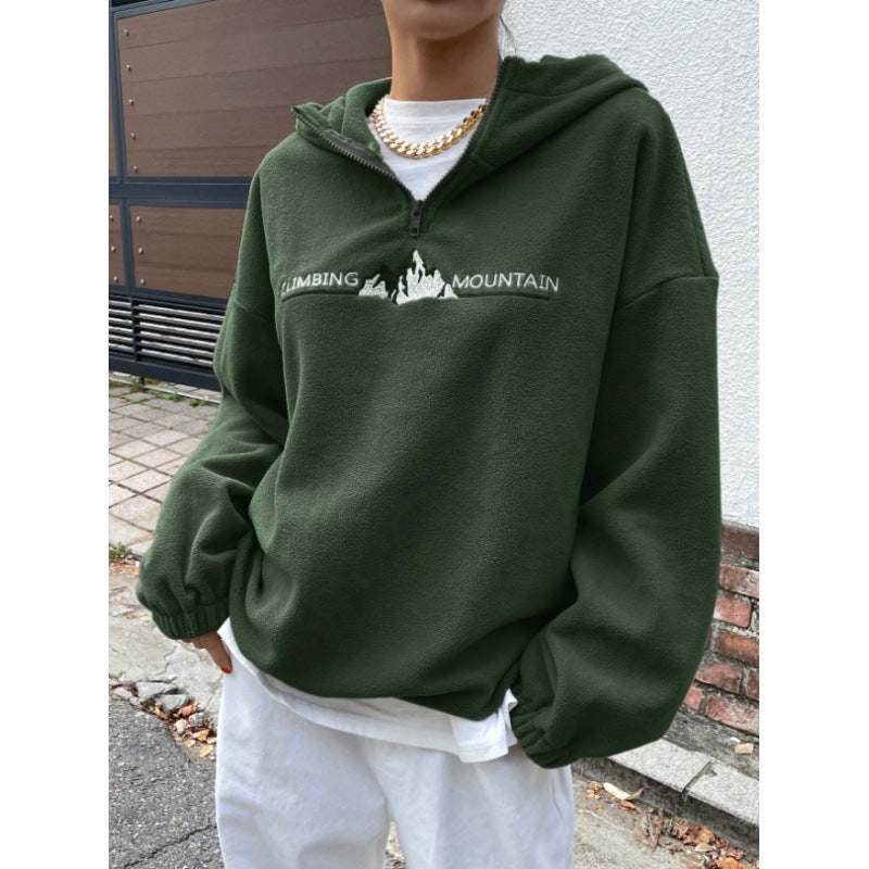 Pure colorletterembroiderprintinghooded sweatshirtloose lazy style stand collar with zipperfashion cross-borderautumnew arrival