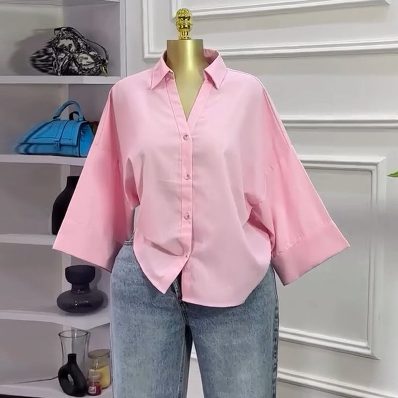 European and american cross-border women's clothing:  summer new arrivals - fashionable, loose-fit, sweet, and designer-inspired striped shirt top with turn-down collar