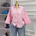 European and american cross-border women's clothing:  summer new arrivals - fashionable, loose-fit, sweet, and designer-inspired striped shirt top with turn-down collar