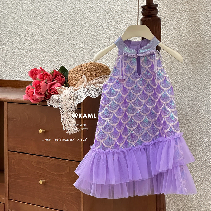 Girls' dress : stylish mermaid summer dress, halter tank dress, ethereal cheongsam dress
