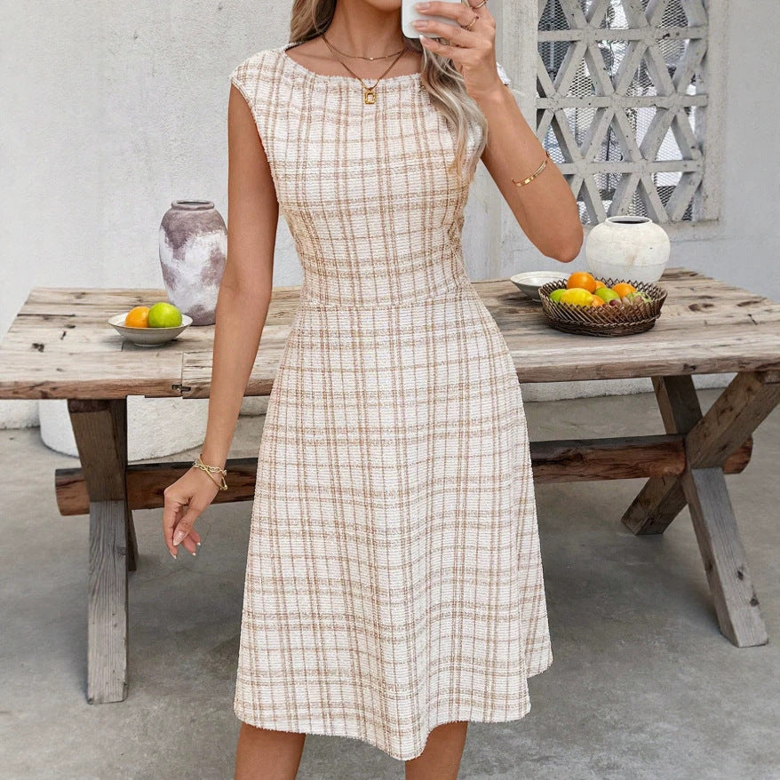 spring/summer european and american export cross-border striped plaid crew neck sleeveless color block shirred waist midi dress