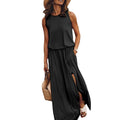 summer new arrivals: cross-border  fashion - european & american style women's sleeveless crew neck dress with slit, available in multiple solid colors