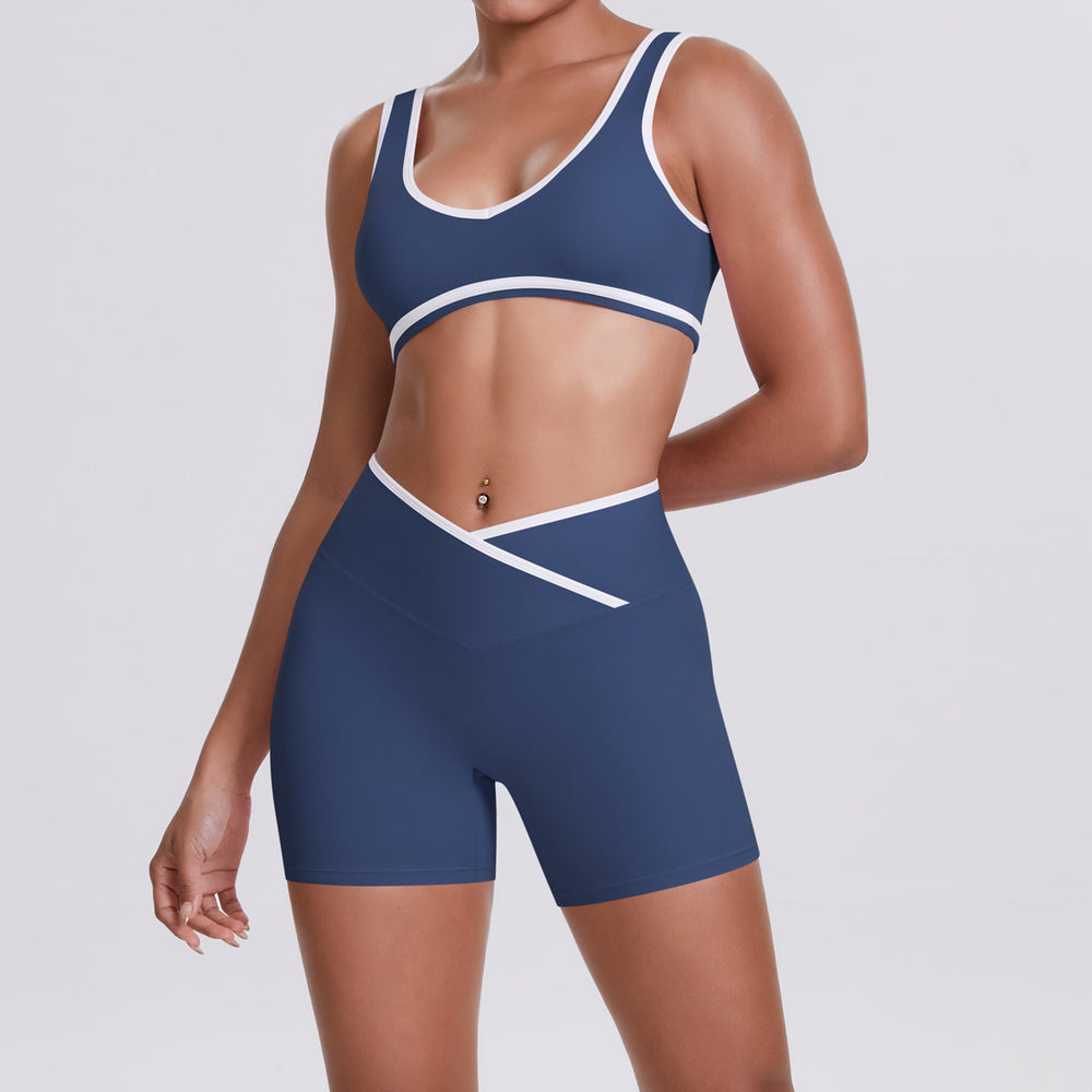 double-sided brushed contrast color tight breathable cross-waist yoga suit sports running fitness two-piece set for women
