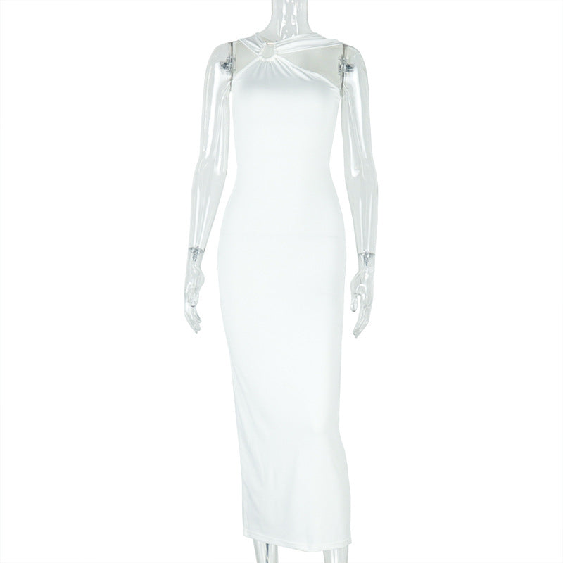 European and american cross-border elegant solid color metallic pleated bodycon halter maxi dress - fashionable asymmetrical women's clothing