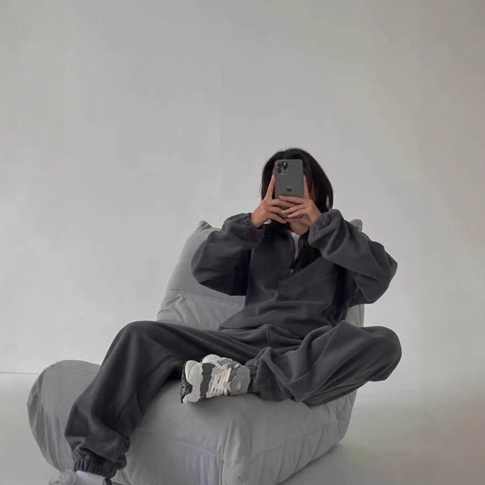 European and American  fashion sweater set women's zipper semi-cardigan jumper trousers two-piece set sports suit women