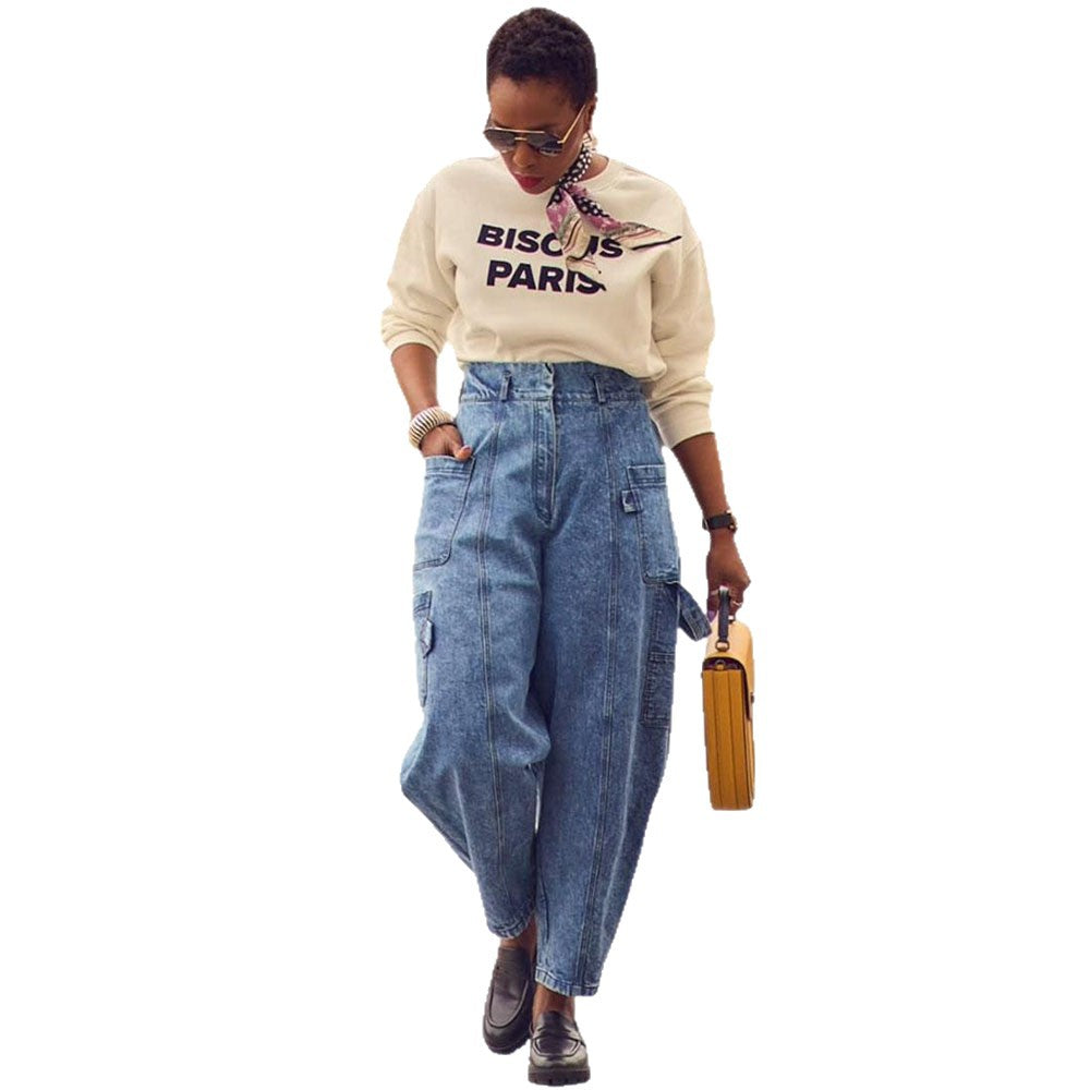 European and american style women's jeans -  cross-border fashionable and versatile slim-fit jeans with 3d pockets and washed finish