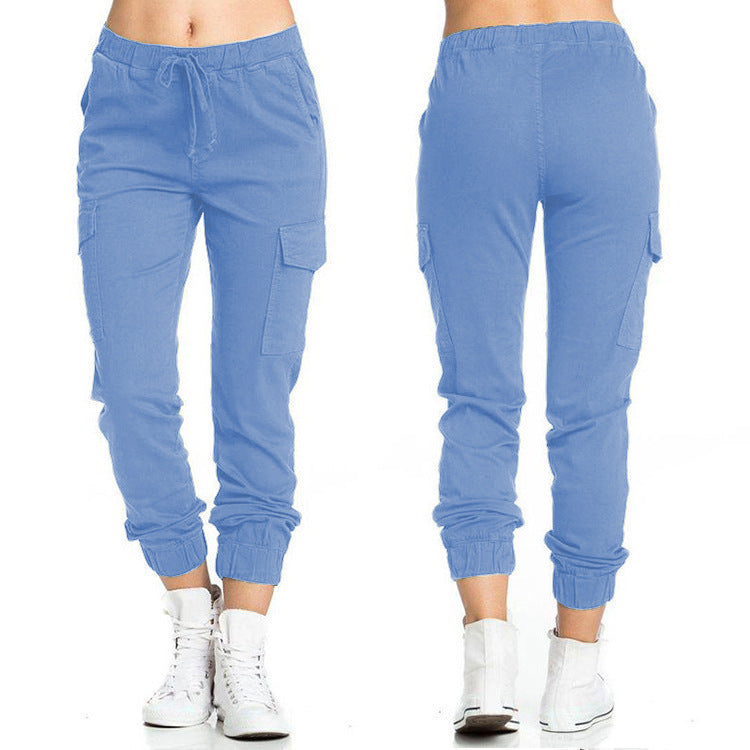 fashion cross-border   women's pants workwear casual elastic waist thin side pockets pants women's pants