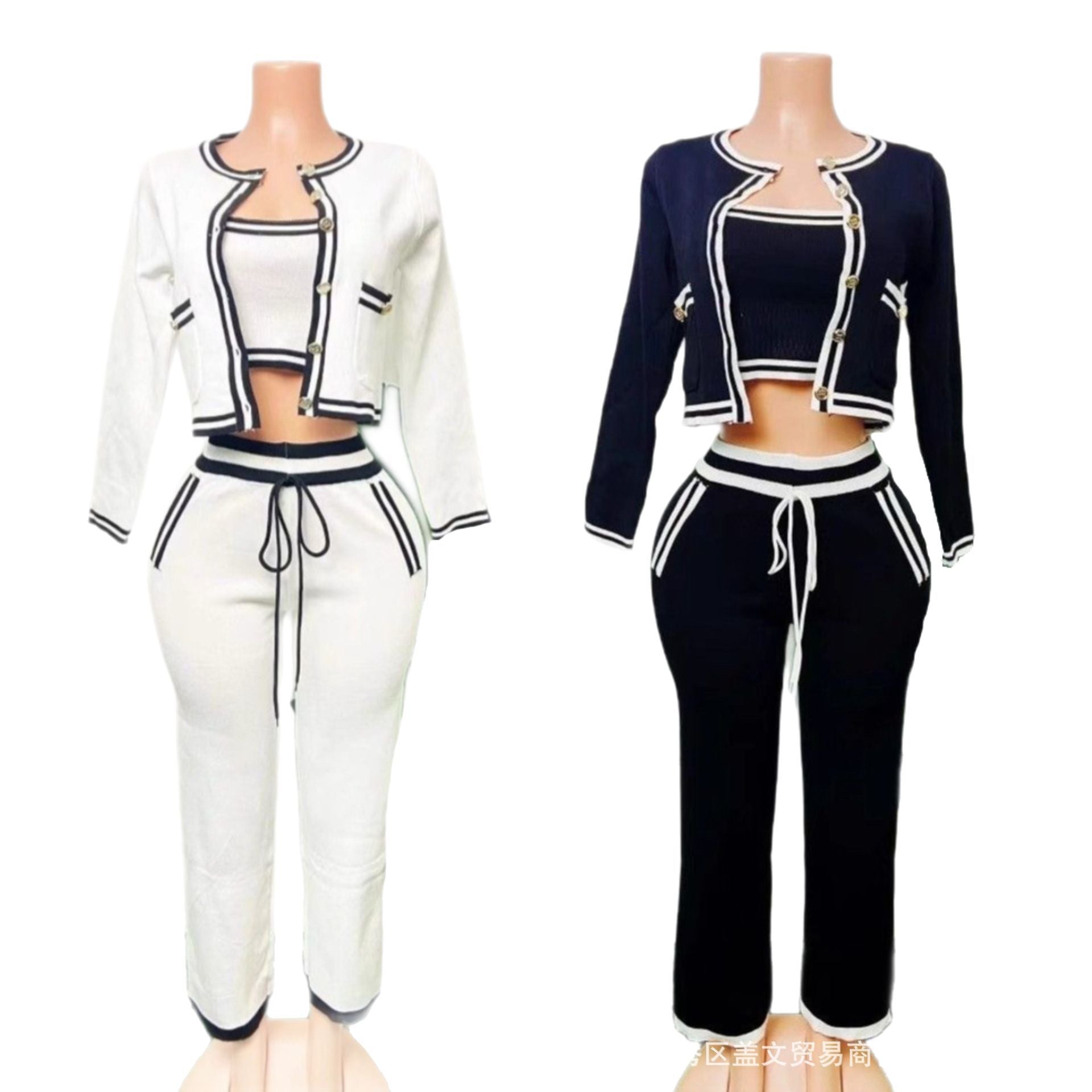 Cross-border  round neck long-sleeved knitted cardigan jacket + straight trousers + vest three-piece set, high-quality women's clothing