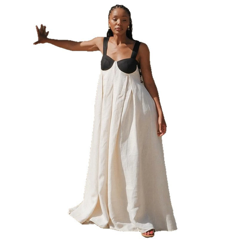 European and american cross-border women's fashion:  autumn new arrival - elegant color block tie-back open back maxi dress with spaghetti straps