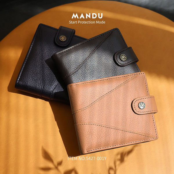 Cross-border men's wallet RFID anti-theft brush sewing thread cowhide short leather wallet buckle wallet men's