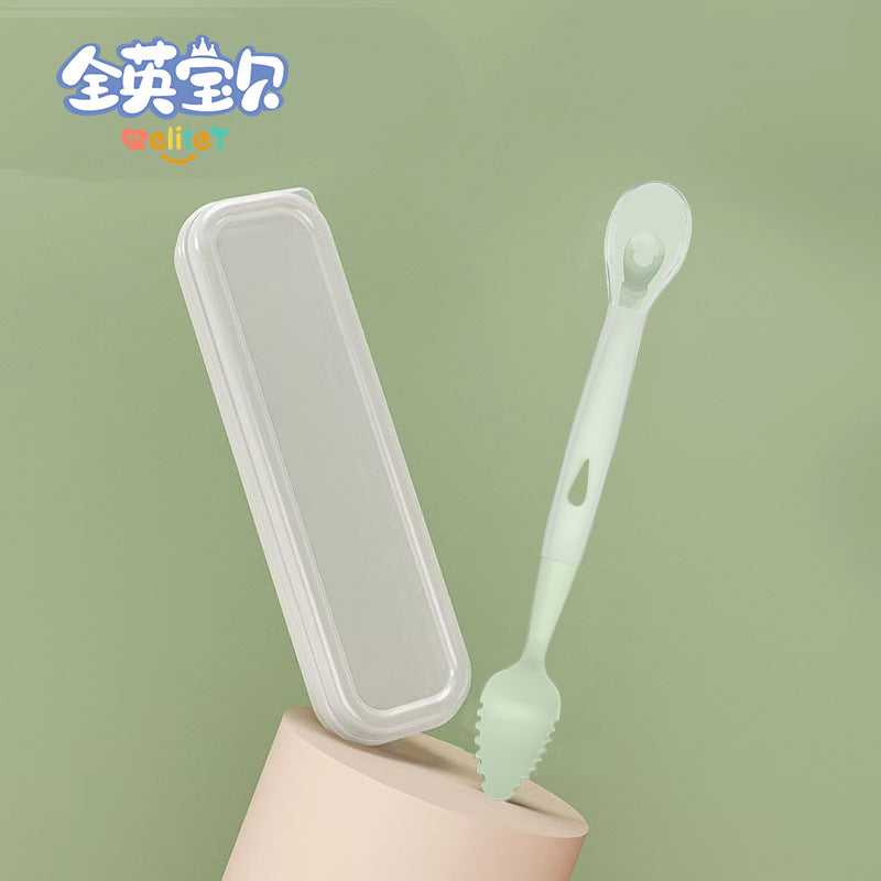 Double-headed mud scraping spoon baby silicone soft spoon baby food supplement artifact newborn eating fruit training fork and spoon set