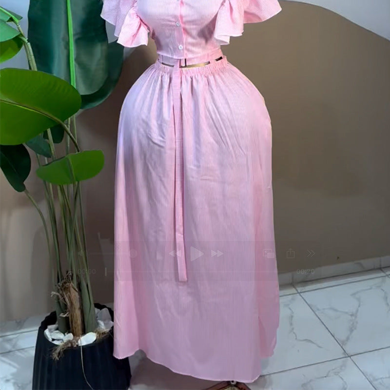 European and american women's clothing  autumn new collection: sweet and fresh turn-down collar flared sleeve blouse with high-waisted slimming midi skirt two-piece set