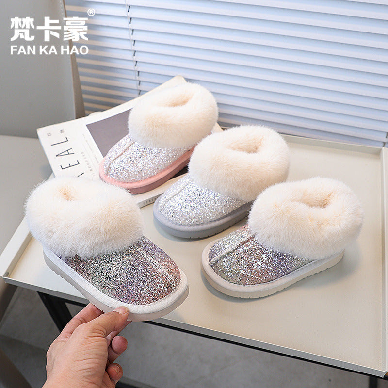 Vancahao girls' fur-lined snow boots -  winter new collection - kids' thickened, plush-lined cotton shoes with sequin ankle boots