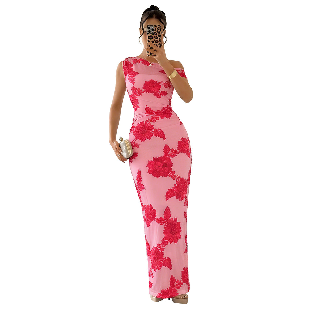 C7670 cross-border   fashion women's elegant mesh one-shoulder bodycon dress