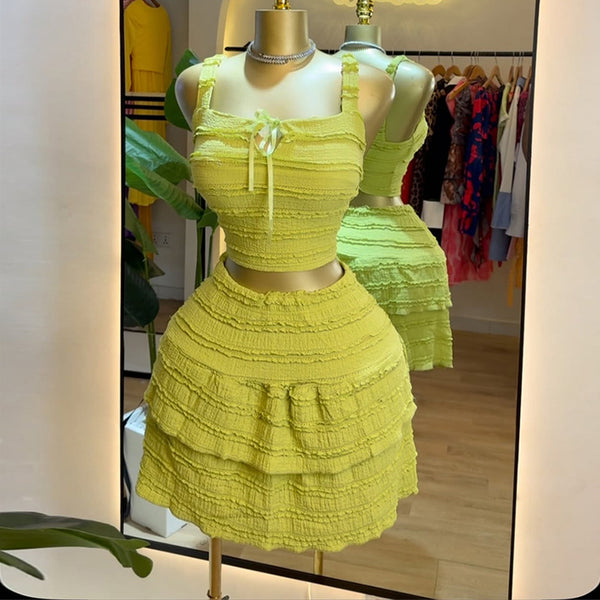 European and American  women's clothing 2025 summer new temperament strap pleated suspender top high waist A word short skirt set