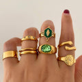 European and american cross-border retro green diamond ring set - trendy, instagrammable, light luxury, high-end rhombus and eight-pointed star rings