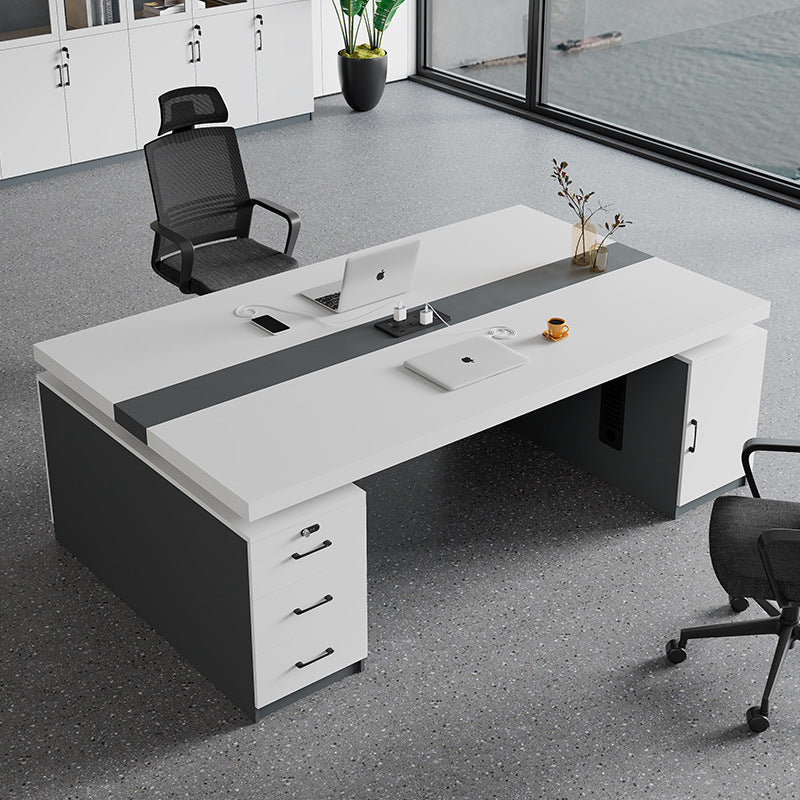 Modern executive desk set for two: manager's office, facing each other, includes desk and chairs, ideal for finance or computer work