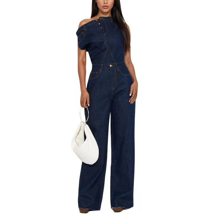 european and american new arrival cross-border  casual fashion bandeau off-the-shoulder slim-fit denim jumpsuit romper