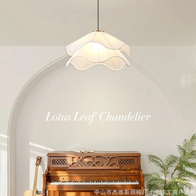 Creamy double-layer ruffle fabric french-style chandelier - gentle pleated petal single head pendant light for dining room table and bedroom