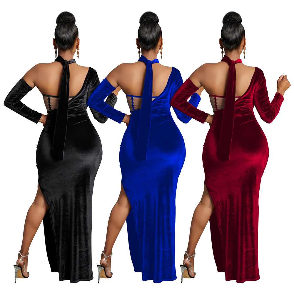 X6652 cross-border   fashion women's solid color bandeau gloves dress long gown dress
