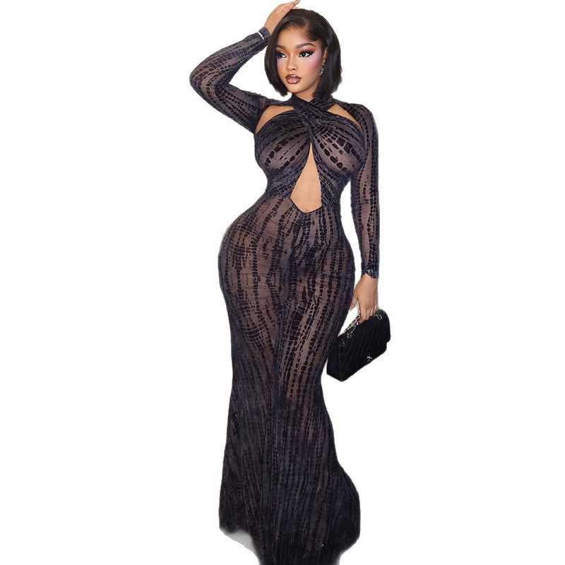 European and american style ins cross-border women's halterneck dress sexy chest-wrapped long sleeves casual retro skirt dress wholesale
