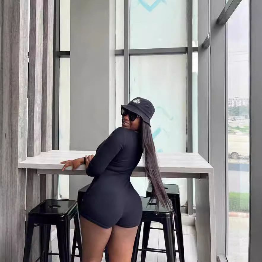 Solid color basic hollow slim-fitting long-sleeved jumpsuit women's European and American autumn new jumpsuit  Independent Station