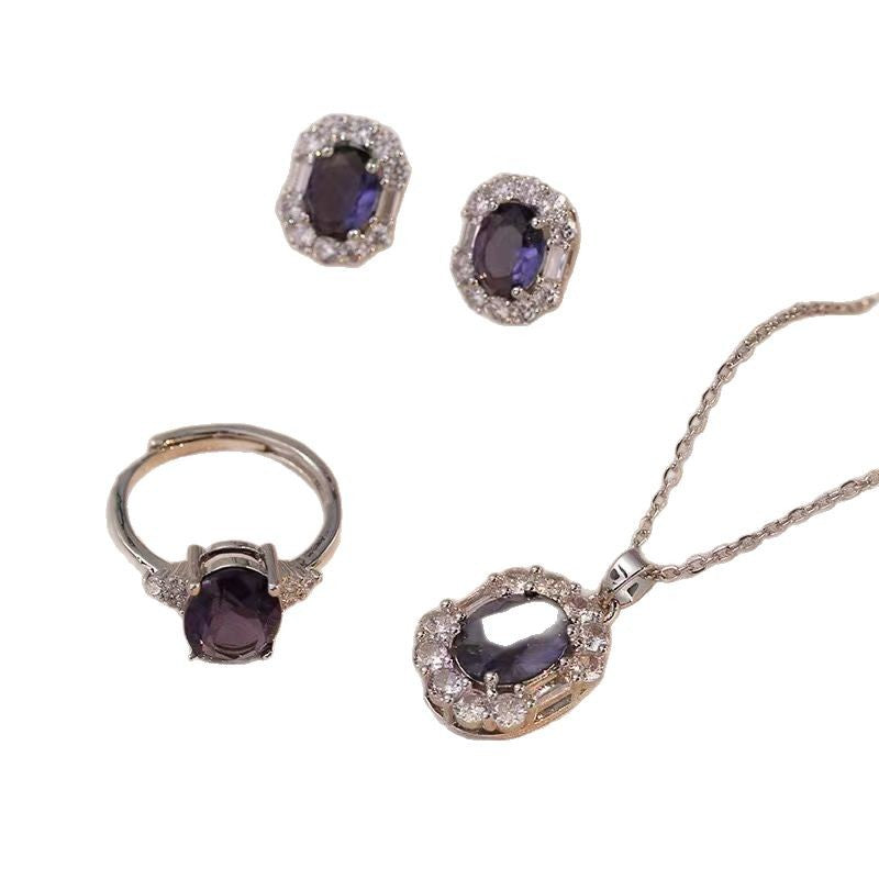 Women's electroplated purple gemstone inlaid necklace, earrings, and ring set - unique design, accessible luxury, titanium steel jewelry