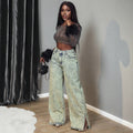 Fashionjeans women's high waist acid washed distressed slit wide leg pants cross-border retroloosemop denim women's pants