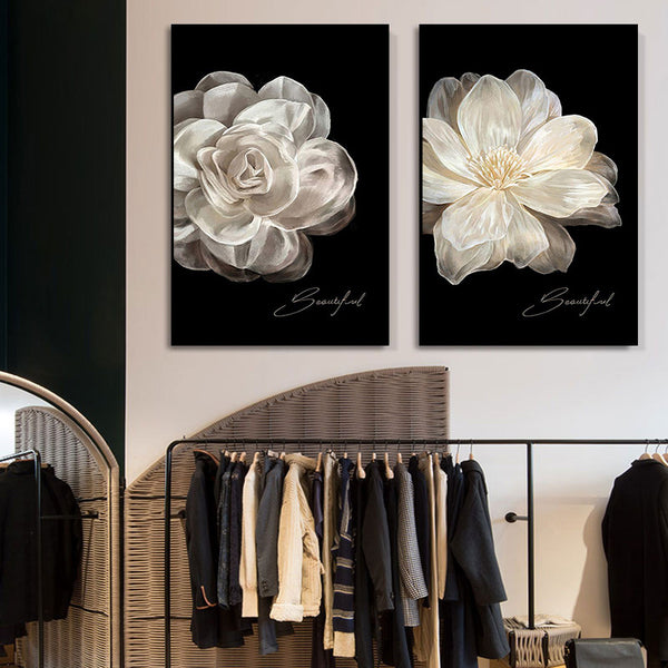 Xiaoxiangfeng camellia decorative painting French living room light luxury high sense hanging painting entrance clothing store black and white mural