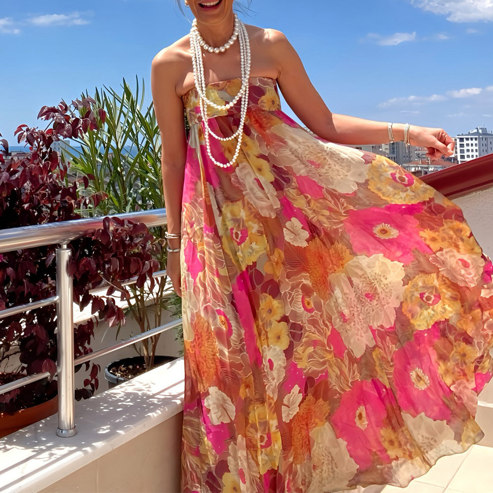 2025 new european and american amazon cross-border e-commerce women's sleeveless bandeau dress with slim-fit rose red print