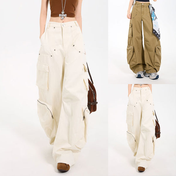 Vintage multi-pocket American overalls loose straight casual pleated paratrooper function mopping trousers street high street