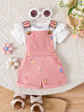 Amazon spring new girls' baby outfit set: solid color short-sleeve top with printed overalls two-piece set
