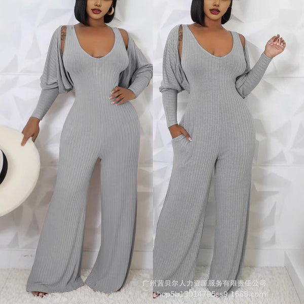 ODF4274 new  Europe and the United States solid color abraded pit strip v-neck wide-leg wide-leg pants + leg sleeve cardigan